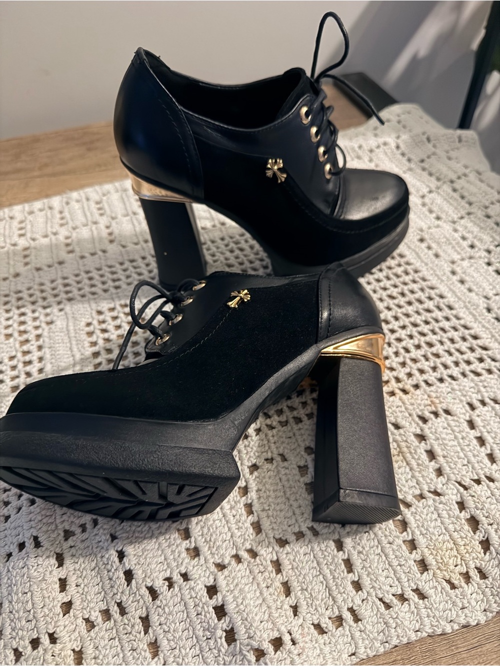 Black Platform Lace-Up Block Heel Pumps with Gold Accent